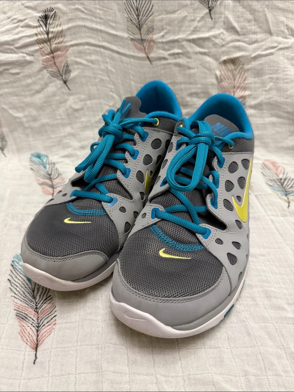 Nike Women’s Gray Sneakers with Teal Laces and Lime Swoosh